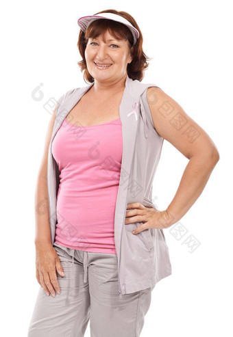 骄傲给支持癌症意识成熟的女人穿乳房癌症意识丝带白色背景