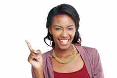 黑色的女人肖像思考手指孤立的市场营销空间促销活动模型广告模拟微笑快乐模型学生的想法愿景创新白色背景模型