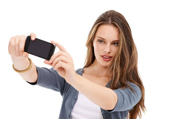 移动电话工作室自拍女人手机内存图片社会媒体应用程序在线网站社会网络数字科技用户智能手机照片模型女孩构成白色背景
