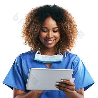 医生黑色的女人平板电脑打字工作室微笑焦点科学研究网络应用程序白色背景孤立的护士移动科技触屏阅读社会网络文章新闻