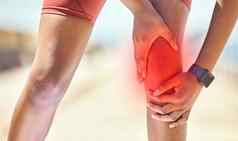 膝盖疼痛手黑色的女人跑步者海健身培训运行受伤腿按摩手变焦运动员联合肌肉炎症问题模糊背景