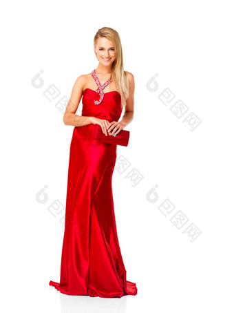 时尚魅力优雅的红色的衣服自信女人快乐毕业舞会聚会，派对花俏的事件复制空间背景伴娘礼服奢侈品设计师穿配件