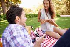 夫妇酒面包野餐日期情人节一天浪漫成键自然草公园场花园微笑快乐女人男人。酒精饮料玻璃食物零食爱周年纪念日