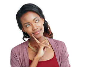 黑色的女人脸思考手指孤立的市场营销空间促销活动模型广告模拟微笑快乐模型学生的想法愿景创新白色背景模型