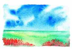 景观绿色场蓝色的天空水彩插图孤立的白色背景