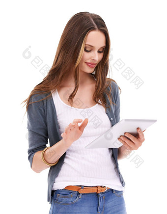 在线购物搜索数字平板电脑女人滚动网站折扣销售商务交易时尚选择技术打字电子商务客户模型女孩白色背景工作室