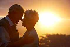 共享一生爱上了年纪的夫妇拥抱日落