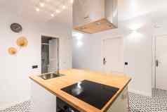 岛表格宽敞的工作室厨房现代公寓时尚的作者的设计木表面感应电炉子排气系统马赛克瓷砖地板上