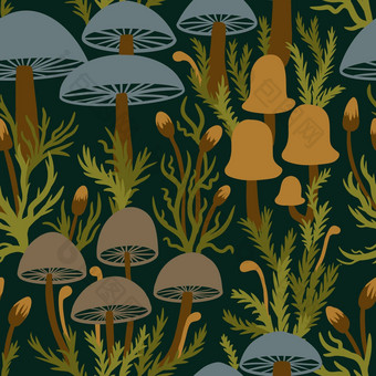 手画无缝的模式森林蘑菇<strong>真菌</strong>灰色蓝色的棕色（的）黑暗绿色莫斯背景羊肚菌有毒<strong>真菌</strong>帽有毒的草本植物木林地女巫概念秋天秋天植物区系设计