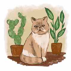 手画illsutration波斯异国情调的猫花室内植物色彩斑斓的背景首页动物猫宠物可爱的设计海报卡时尚的艺术宽松的绘画风格礼物猫情人猫妈妈打印