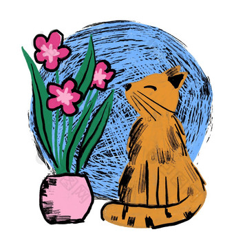 手画illsutration猫花<strong>室内</strong>植物蓝色的色彩斑斓的背景首页动物猫宠物可爱的<strong>设计海报</strong>卡时尚的艺术宽松的绘画风格礼物猫情人猫妈妈打印