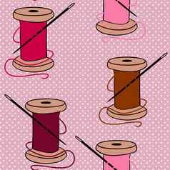手画无缝的模式针线程缝纫工艺品女装裁缝项目粉红色的棕色（的）米色波尔卡点背景裁缝可爱的缝打印手工制作的needwork业务爱好织物手工艺设计