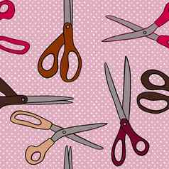 手画无缝的模式剪刀缝纫工艺品女装裁缝项目粉红色的棕色（的）米色波尔卡点背景裁缝可爱的缝打印手工制作的needwork业务爱好织物手工艺设计