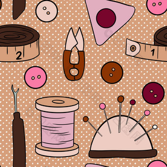 手画无缝的模式线程针磁带按钮缝纫工艺品女装裁缝项目粉红色的棕色（的）米色波尔卡点背景裁缝可爱的缝打印手工制作的needwork业务爱好织物手工艺设计