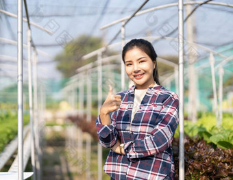 年轻的亚洲女孩农民显示拇指新鲜的绿色橡木生菜沙拉有机水培蔬菜托儿所农场业务有机水培蔬菜概念