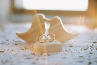 木手工制作的玩具鸟金婚礼环心婚礼爱建议婚姻家庭概念