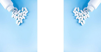 药片维生素形状心打开白色塑料容器软蓝色的背景对称的长横幅