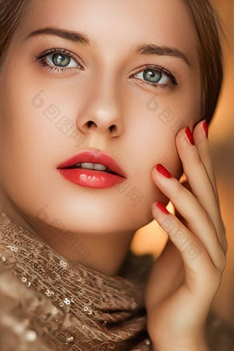 美化妆魅力脸肖像美丽的女人修指甲红色的口红化妆穿黄金奢侈品化妆品风格时尚