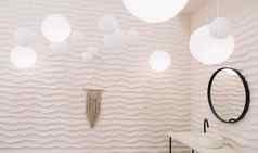 现代室内时尚的轮镜子米色墙舒适的浴室复制空间优雅的配件时尚的首页装饰