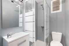 紧凑的现代浴室灰色的白色音调淋浴玻璃门厕所。。。碗水槽内阁存储的事情概念厕所。。。设计的想法紧凑的公寓
