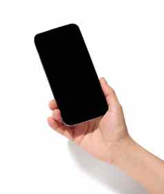 女人的手持有智能手机空白黑色的屏幕白色孤立的背景