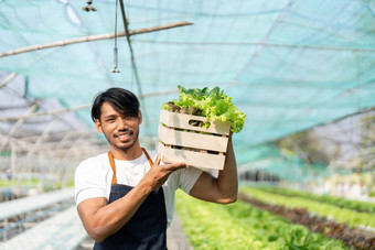 亚洲年轻的男人。农民微笑持有有机水培新鲜的绿色蔬菜生产木盒子温室花园托儿所农场业务农民健康的食物概念