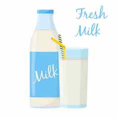 瓶玻璃牛奶元素设计农场产品健康的食物平向量插图