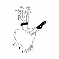 燃烧的心纹身风格情绪摇滚哥特元素设计学校纹身向量插图
