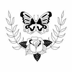 蝴蝶玫瑰纹身风格情绪摇滚哥特元素设计学校纹身向量插图