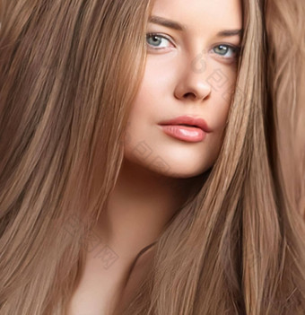 发型美头发护理美丽的女人长自然棕色（的）头发魅力肖像头发沙龙头发的护理