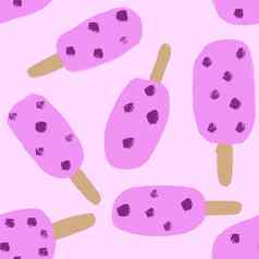 手画无缝的模式冰奶油冰棒甜蜜的食物紫色的紫罗兰色的浆果夏天色彩斑斓的打印冻美味的甜点涂鸦有趣的风格
