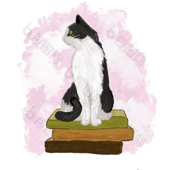 手画插图黑色的白色猫坐着书<strong>海报</strong>阅读情人图书馆设计可爱的国内动物猫<strong>宠物</strong>柔和的粉红色的背景时尚的图形打印