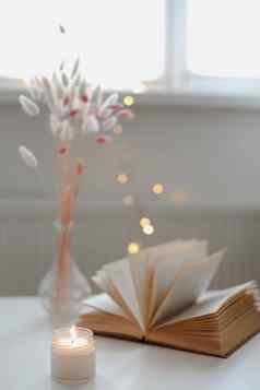 首页装饰室内美丽的燃烧蜡烛干花花瓶开放书