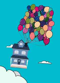 房子苍蝇气球插图蓝色的背景