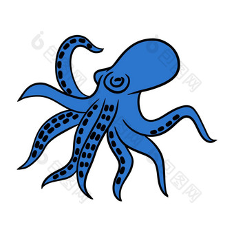 手画插图海海洋蓝色的章鱼触角简单的<strong>卡通</strong>画野生海生物动物物种海洋水下生活航海设计水生草图鱿鱼<strong>纹身</strong>