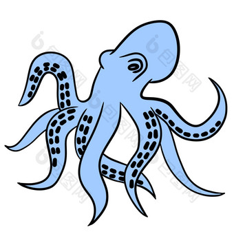 手画插图海海洋蓝色的章鱼触角简单的卡通画野生海生物动物物种海洋水下生活航海设计水生草图鱿鱼纹身