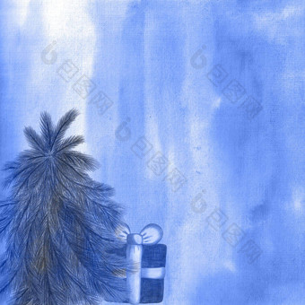 手画圣诞节背景蓝色的水彩数字纸冷杉树礼物盒子