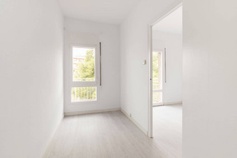视图空白色明亮的房间窗口家具绘画改造木<strong>地</strong>板上<strong>地脚线</strong>概念美丽的简洁的室内鼓舞人心的的想法