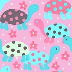 手画无缝的模式可爱的海乌龟乌龟粉红色的蓝色的花打印孩子们孩子们托儿所装饰有趣的动物波尔卡点贝壳简单的极简主义风格