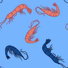 手画无缝的模式桃子橙色蓝色的虾虾绿松石背景海洋水下海食物海洋餐厅咖啡馆菜单水生动物生物航海打印设计
