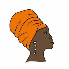 手画插图黑色的非洲美国女人橙色少数民族传统的头包装包装头饰围巾黑色的生活事时尚设计现代优雅的打印美产品极简主义风格