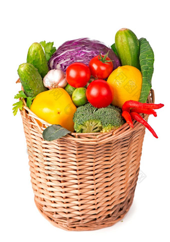 水果蔬菜篮子西兰花西红柿黄瓜卷心菜孤立的白色