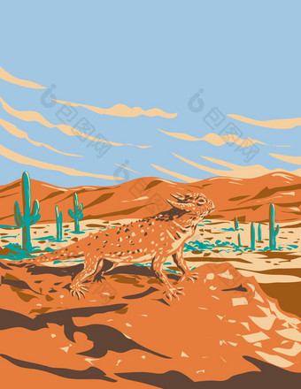 <strong>沙漠</strong>角蜥蜴仙人掌国家公园索诺兰<strong>沙漠沙漠</strong>亚利桑那州水渍险海报艺术