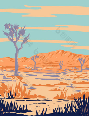 约书亚树国家公园莫哈韦沙漠沙漠加州夏天<strong>水渍</strong>险海报艺术