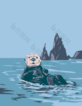 海水獭enhydra卢特罗斯奥运国家公园华盛顿状态水渍险海报艺术