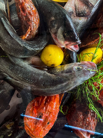 生鱼角西红柿草本植物黑暗背景海鲜冰鱼市场海鲜健康的饮食吃概念视图