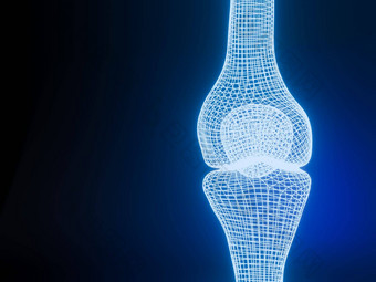 膝盖联合呈现蓝色的发光的线框黑色的背景复制空间文本骨人类骨架解剖学身体医疗健康护理科学概念现实的呈现