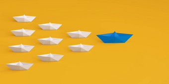 纸船领导蓝色的白色船黄色的背景社会媒体互联网追随者概念