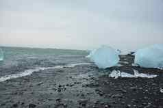 水晶清晰的冰块黑色的沙子钻石海滩费尔斯菲亚拉杰古沙龙冰隆冰岛