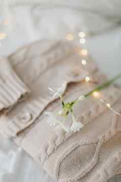 有创意的作文美丽的水仙花毛衣光背景针织米色毛衣精致的春天花冬天春天时尚概念